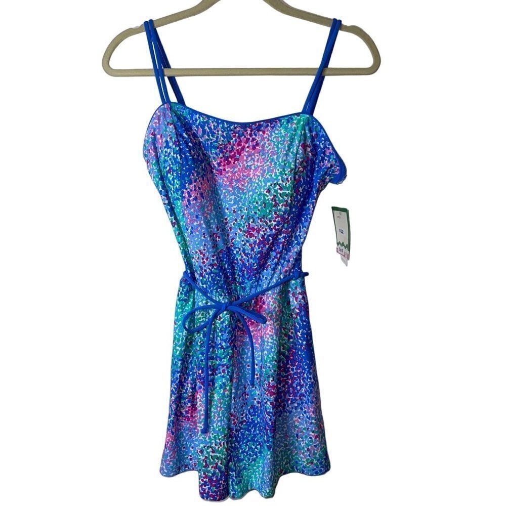 Sea Waves Vintage Womens Swim Romper Size 14 Blue White Abstract Belted New